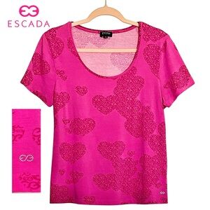 Escada Pink Logo Heart Tee t-shirt top scoop neck sleeve top size large cotton